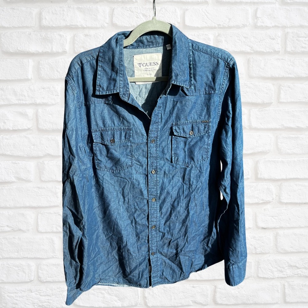 Guess Men's Blue Long Sleeve Button Down Shirt - Size Large, Casual Classic Fit